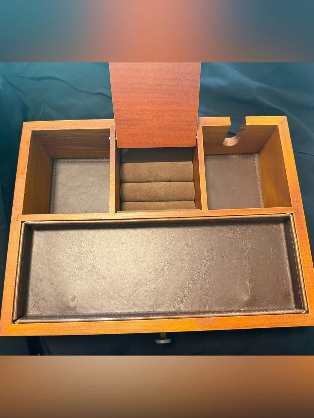 Wood Jewelry Organizer Tray with Brown Leather Interior